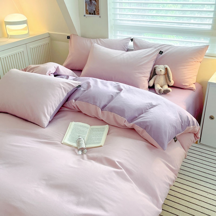 91家纺网 家纺一手货源 找家纺 涵宸家纺 2026新款全棉纯色四件套-米兰-场景一 米兰-优雅紫+青紫