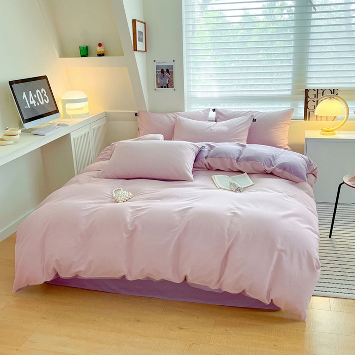 91家纺网 家纺一手货源 找家纺 涵宸家纺 2026新款全棉纯色四件套-米兰-场景一 米兰-优雅紫+青紫