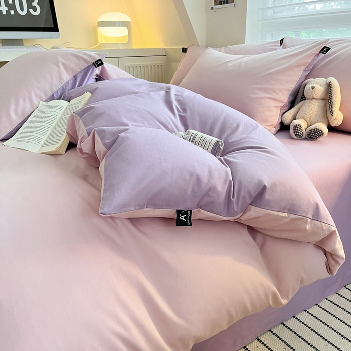 91家纺网 家纺一手货源 找家纺 涵宸家纺 2026新款全棉纯色四件套-米兰-场景一 米兰-优雅紫+青紫