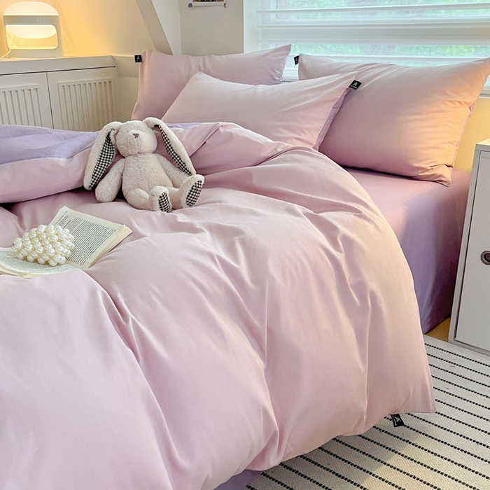 91家纺网 家纺一手货源 找家纺 涵宸家纺 2026新款全棉纯色四件套-米兰-场景一 米兰-优雅紫+青紫