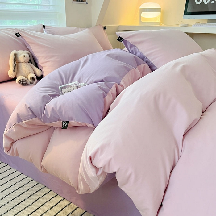 91家纺网 家纺一手货源 找家纺 涵宸家纺 2026新款全棉纯色四件套-米兰-场景一 米兰-优雅紫+青紫