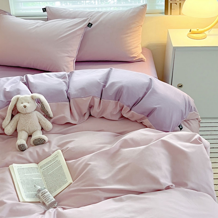 91家纺网 家纺一手货源 找家纺 涵宸家纺 2026新款全棉纯色四件套-米兰-场景一 米兰-优雅紫+青紫