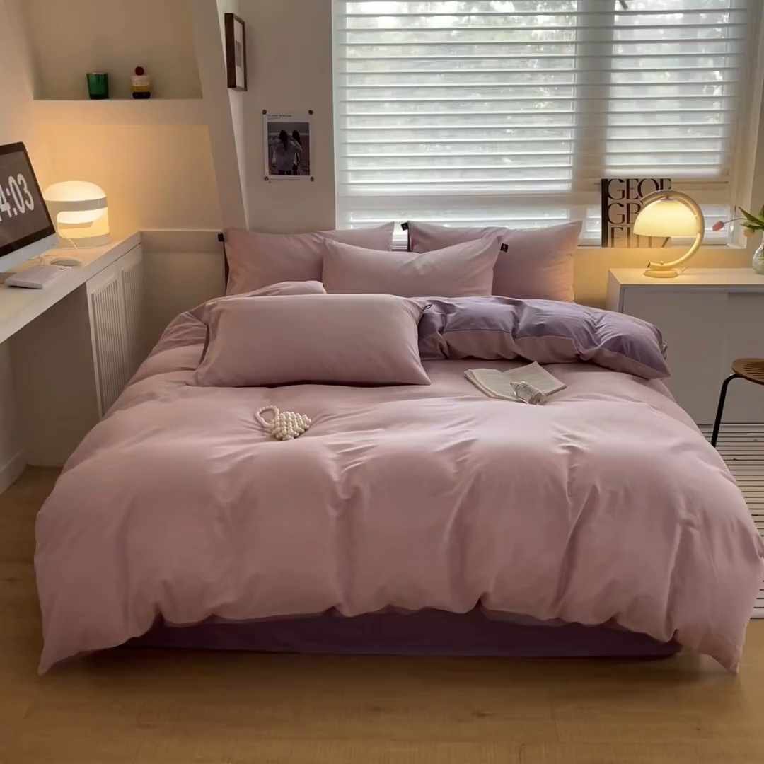 91家纺网 家纺一手货源 找家纺 涵宸家纺 2026新款全棉纯色四件套-米兰-场景一 米兰-优雅紫+青紫