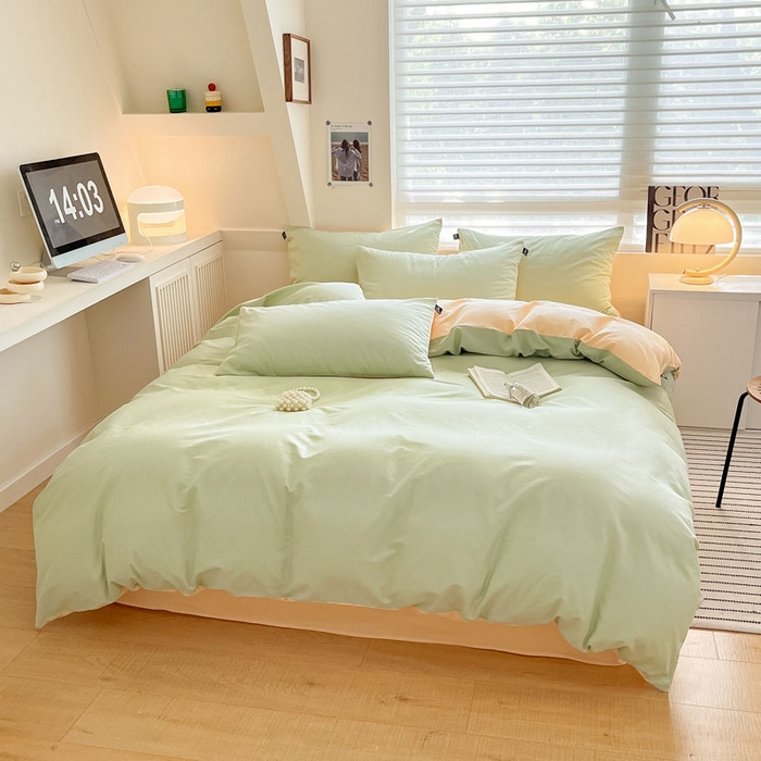 91家纺网 家纺一手货源 找家纺 涵宸家纺 2026新款全棉纯色四件套-米兰-场景一 米兰-月光绿+浅黄