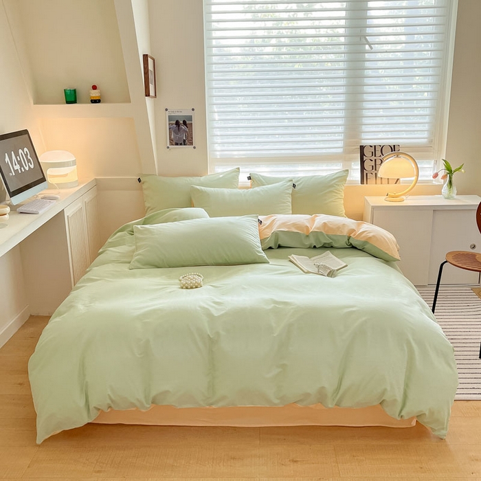 91家纺网 家纺一手货源 找家纺 涵宸家纺 2026新款全棉纯色四件套-米兰-场景一 米兰-月光绿+浅黄