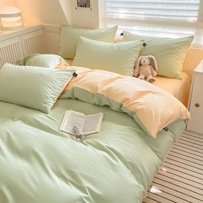 91家纺网 家纺一手货源 找家纺 涵宸家纺 2026新款全棉纯色四件套-米兰-场景一 米兰-月光绿+浅黄