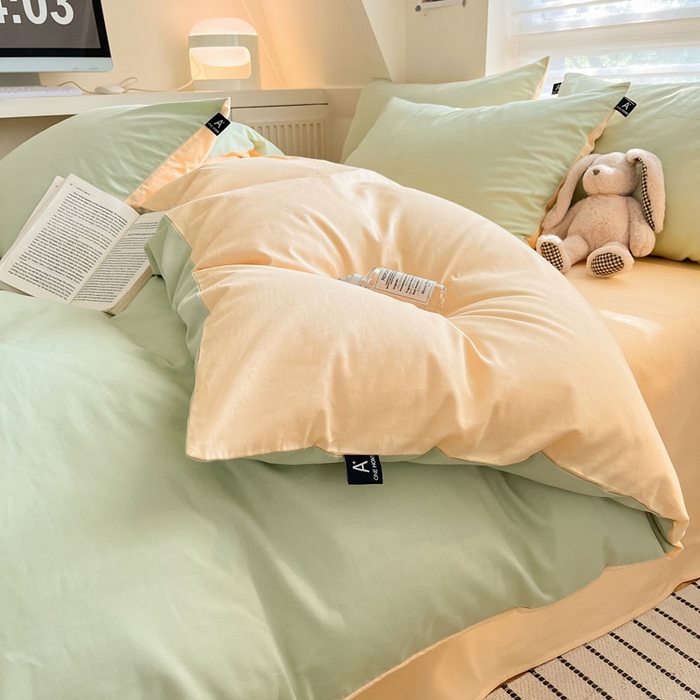 91家纺网 家纺一手货源 找家纺 涵宸家纺 2026新款全棉纯色四件套-米兰-场景一 米兰-月光绿+浅黄