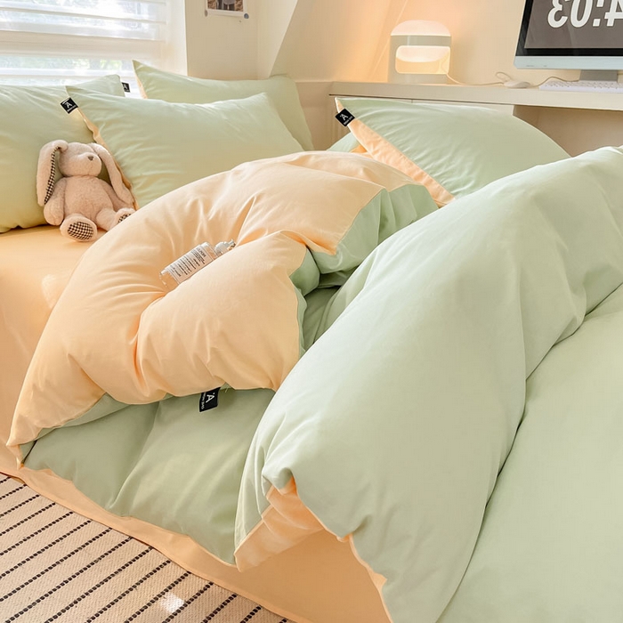 91家纺网 家纺一手货源 找家纺 涵宸家纺 2026新款全棉纯色四件套-米兰-场景一 米兰-月光绿+浅黄