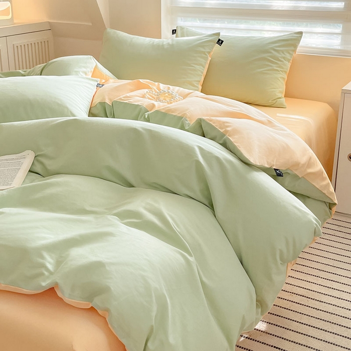 91家纺网 家纺一手货源 找家纺 涵宸家纺 2026新款全棉纯色四件套-米兰-场景一 米兰-月光绿+浅黄