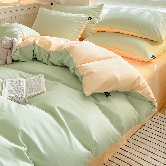 91家纺网 家纺一手货源 找家纺 涵宸家纺 2026新款全棉纯色四件套-米兰-场景一 米兰-月光绿+浅黄