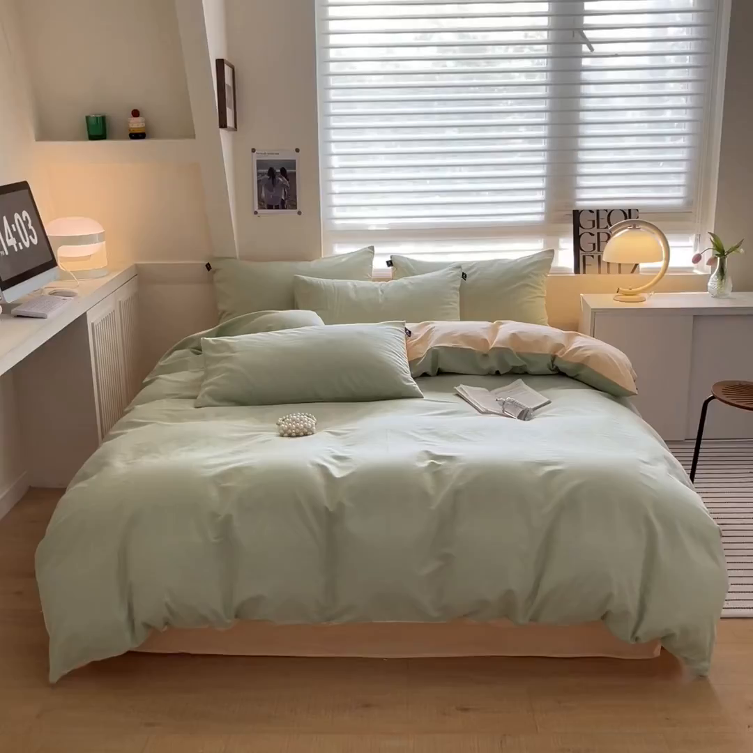 91家纺网 家纺一手货源 找家纺 涵宸家纺 2026新款全棉纯色四件套-米兰-场景一 米兰-月光绿+浅黄