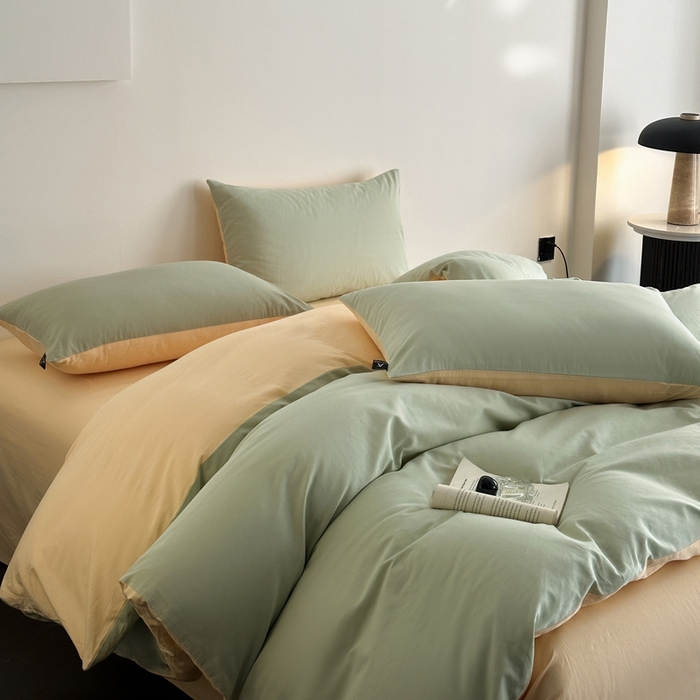 91家纺网 家纺一手货源 找家纺 涵宸家纺 2026新款全棉纯色四件套-米兰-场景二 米兰（月光绿+浅黄）