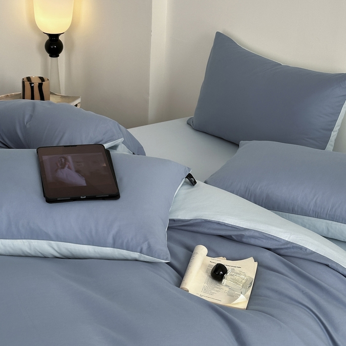 91家纺网 家纺一手货源 找家纺 涵宸家纺 2026新款全棉纯色四件套-米兰-场景二 米兰（湖兰+晨雾兰）