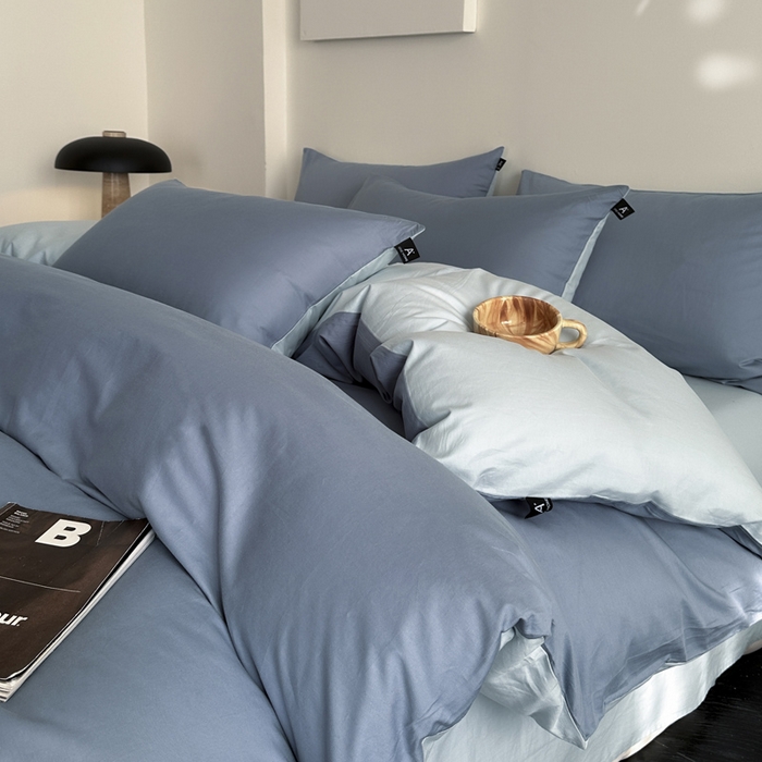 91家纺网 家纺一手货源 找家纺 涵宸家纺 2026新款全棉纯色四件套-米兰-场景二 米兰（湖兰+晨雾兰）