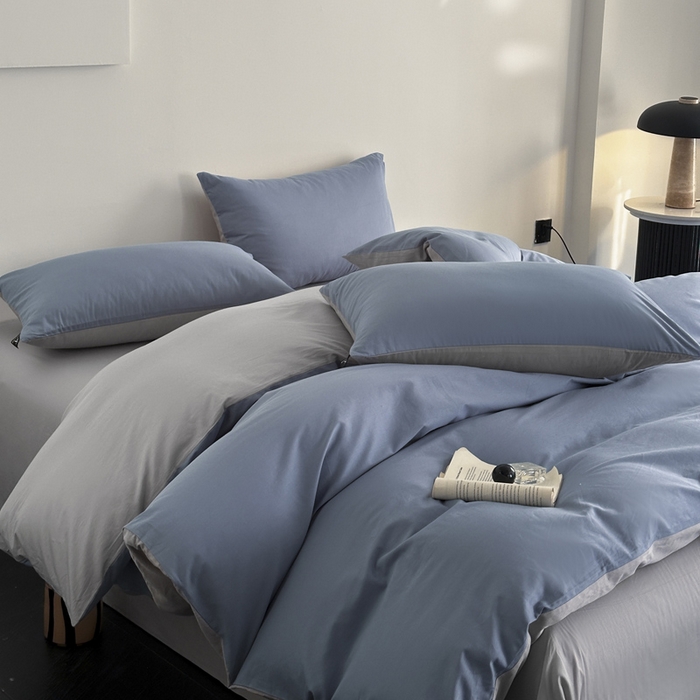 涵宸家纺 2026新款全棉纯色四件套-米兰-场景二 米兰（湖兰+梧桐灰）