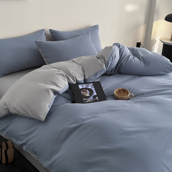 91家纺网 家纺一手货源 找家纺 涵宸家纺 2026新款全棉纯色四件套-米兰-场景二 米兰（湖兰+梧桐灰）