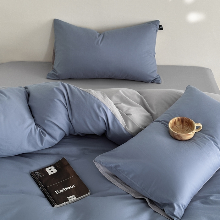 91家纺网 家纺一手货源 找家纺 涵宸家纺 2026新款全棉纯色四件套-米兰-场景二 米兰（湖兰+梧桐灰）