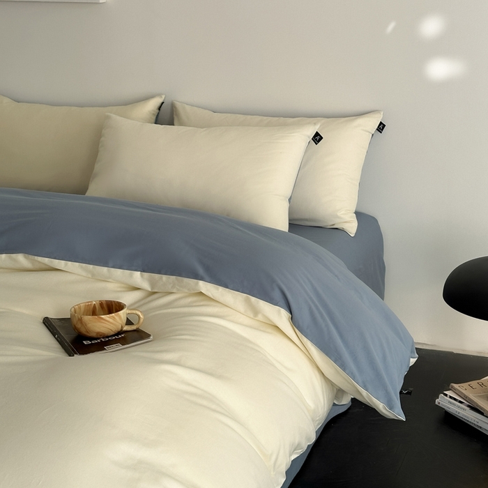 91家纺网 家纺一手货源 找家纺 涵宸家纺 2026新款全棉纯色四件套-米兰-场景二 米兰（奶白+湖兰）