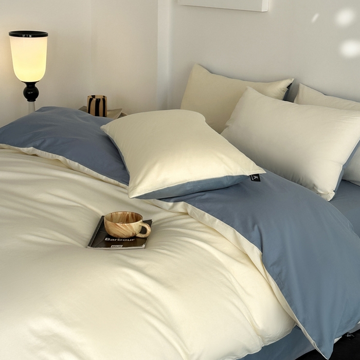 91家纺网 家纺一手货源 找家纺 涵宸家纺 2026新款全棉纯色四件套-米兰-场景二 米兰（奶白+湖兰）