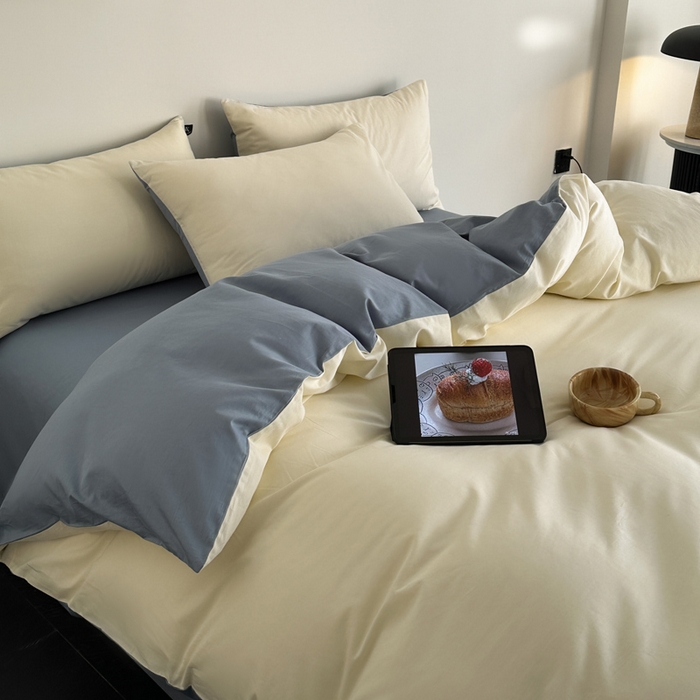 91家纺网 家纺一手货源 找家纺 涵宸家纺 2026新款全棉纯色四件套-米兰-场景二 米兰（奶白+湖兰）