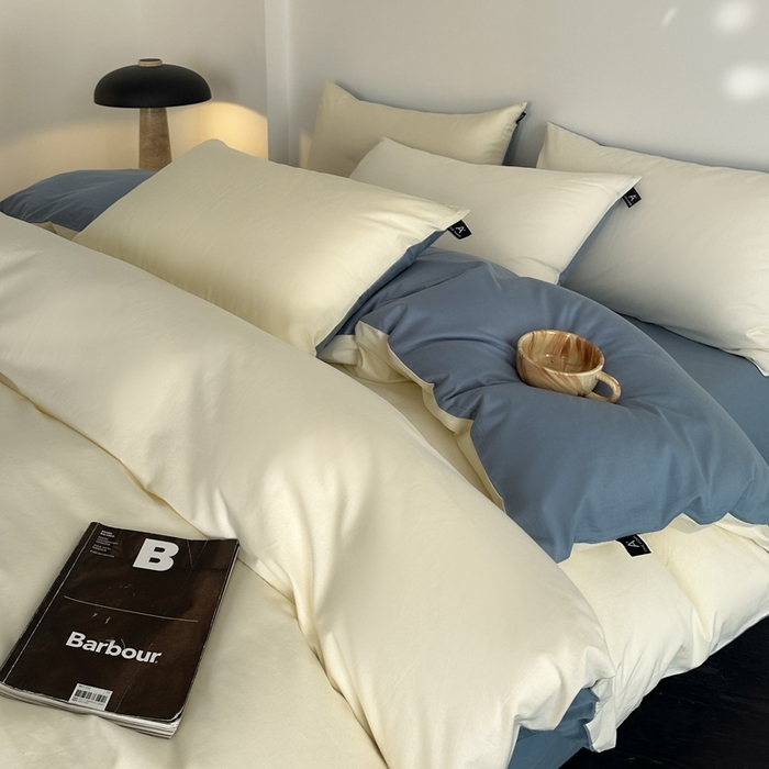 91家纺网 家纺一手货源 找家纺 涵宸家纺 2026新款全棉纯色四件套-米兰-场景二 米兰（奶白+湖兰）