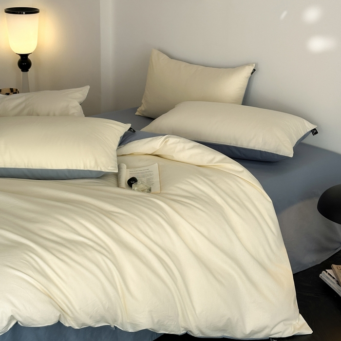 91家纺网 家纺一手货源 找家纺 涵宸家纺 2026新款全棉纯色四件套-米兰-场景二 米兰（奶白+湖兰）