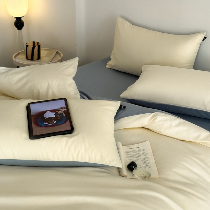 91家纺网 家纺一手货源 找家纺 涵宸家纺 2026新款全棉纯色四件套-米兰-场景二 米兰（奶白+湖兰）