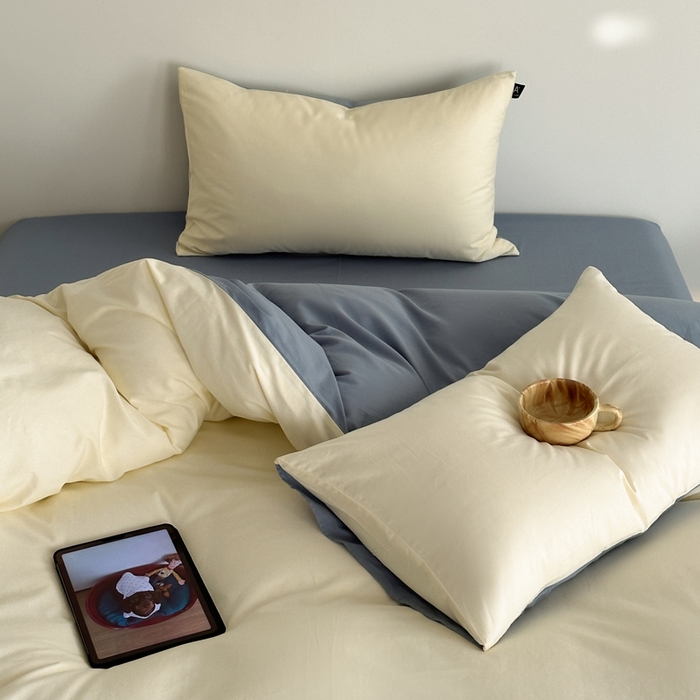 91家纺网 家纺一手货源 找家纺 涵宸家纺 2026新款全棉纯色四件套-米兰-场景二 米兰（奶白+湖兰）