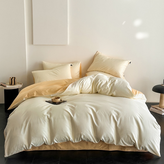 91家纺网 家纺一手货源 找家纺 涵宸家纺 2026新款全棉纯色四件套-米兰-场景二 米兰（奶白+浅黄）