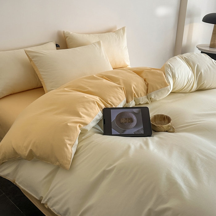 91家纺网 家纺一手货源 找家纺 涵宸家纺 2026新款全棉纯色四件套-米兰-场景二 米兰（奶白+浅黄）