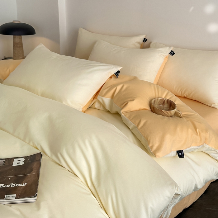 91家纺网 家纺一手货源 找家纺 涵宸家纺 2026新款全棉纯色四件套-米兰-场景二 米兰（奶白+浅黄）