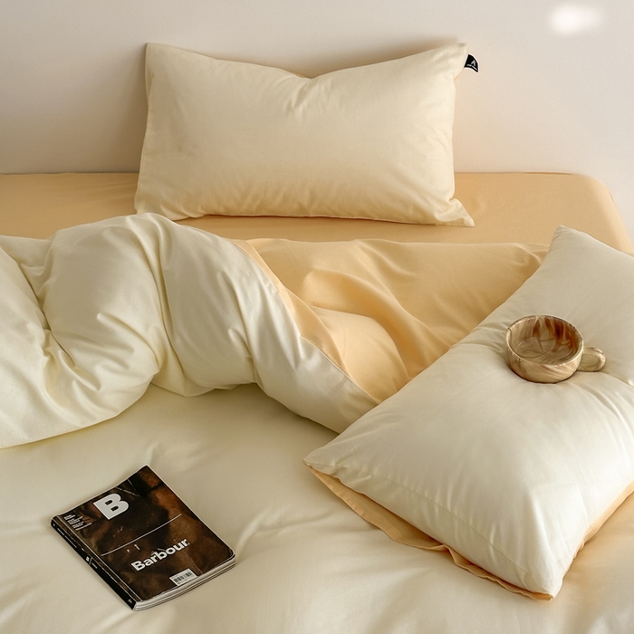 91家纺网 家纺一手货源 找家纺 涵宸家纺 2026新款全棉纯色四件套-米兰-场景二 米兰（奶白+浅黄）