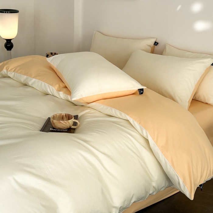 91家纺网 家纺一手货源 找家纺 涵宸家纺 2026新款全棉纯色四件套-米兰-场景二 米兰（奶白+浅黄）