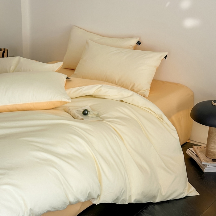 91家纺网 家纺一手货源 找家纺 涵宸家纺 2026新款全棉纯色四件套-米兰-场景二 米兰（奶白+浅黄）