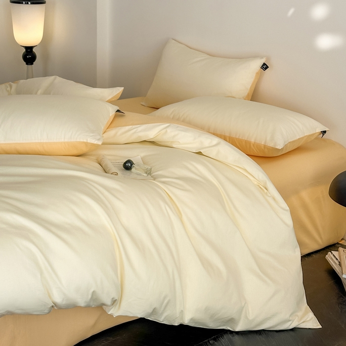 91家纺网 家纺一手货源 找家纺 涵宸家纺 2026新款全棉纯色四件套-米兰-场景二 米兰（奶白+浅黄）