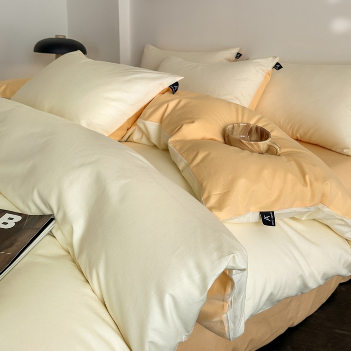 91家纺网 家纺一手货源 找家纺 涵宸家纺 2026新款全棉纯色四件套-米兰-场景二 米兰（奶白+浅黄）