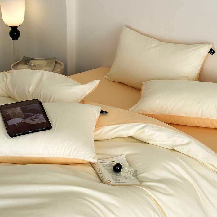 91家纺网 家纺一手货源 找家纺 涵宸家纺 2026新款全棉纯色四件套-米兰-场景二 米兰（奶白+浅黄）