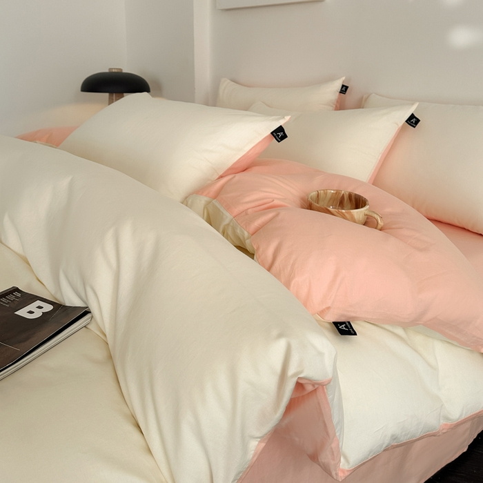 91家纺网 家纺一手货源 找家纺 涵宸家纺 2026新款全棉纯色四件套-米兰-场景二 米兰（奶白+烟粉）