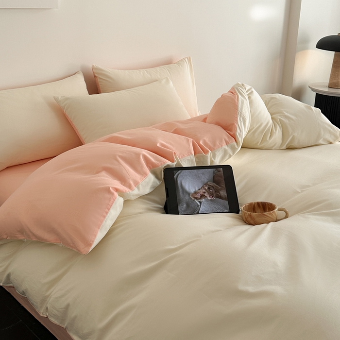 91家纺网 家纺一手货源 找家纺 涵宸家纺 2026新款全棉纯色四件套-米兰-场景二 米兰（奶白+烟粉）