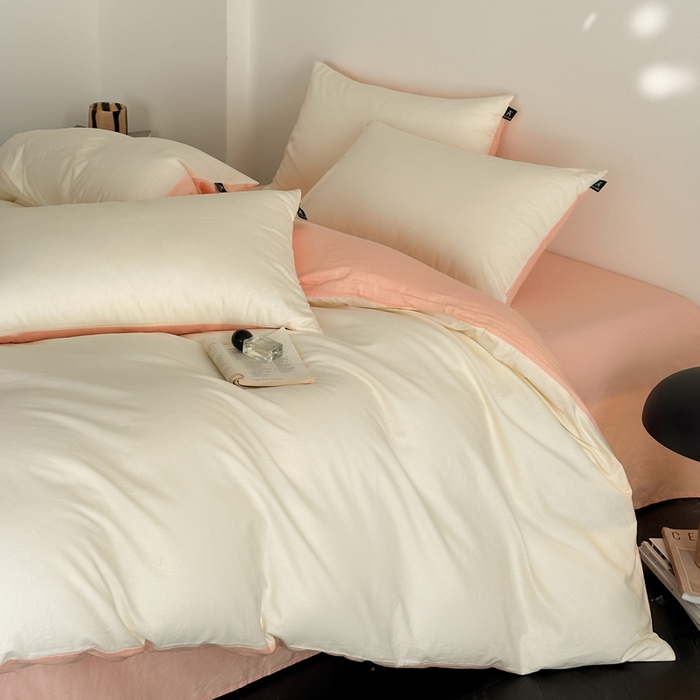 91家纺网 家纺一手货源 找家纺 涵宸家纺 2026新款全棉纯色四件套-米兰-场景二 米兰（奶白+烟粉）
