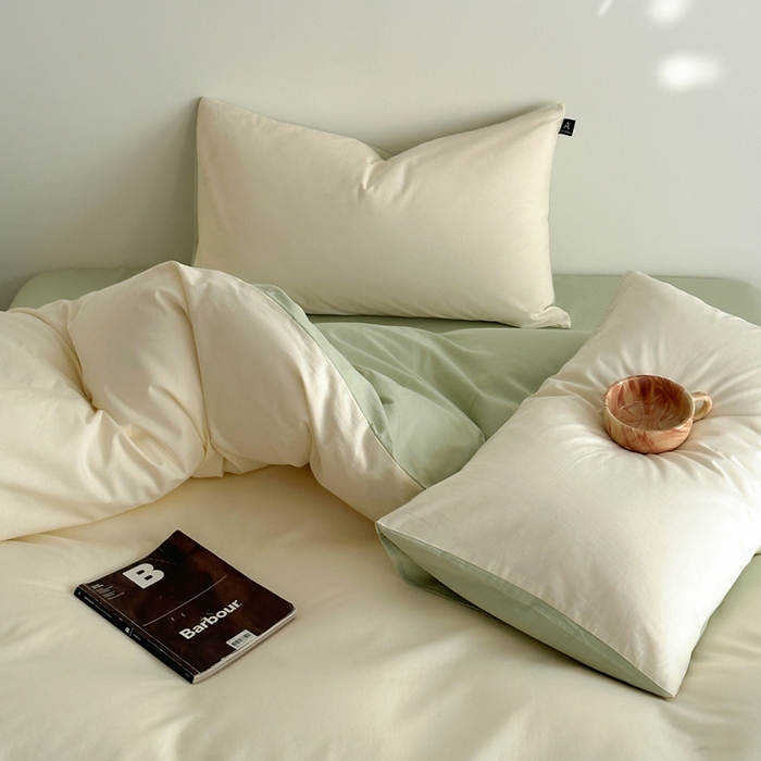 91家纺网 家纺一手货源 找家纺 涵宸家纺 2026新款全棉纯色四件套-米兰-场景二 米兰（奶白+月光绿）