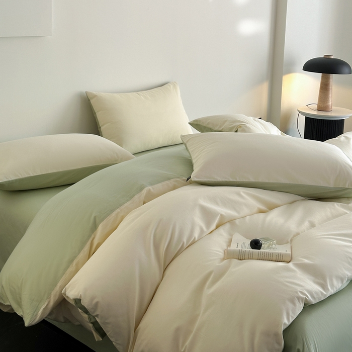 涵宸家纺 2026新款全棉纯色四件套-米兰-场景二 米兰（奶白+月光绿）