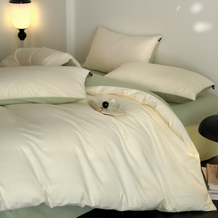 91家纺网 家纺一手货源 找家纺 涵宸家纺 2026新款全棉纯色四件套-米兰-场景二 米兰（奶白+月光绿）