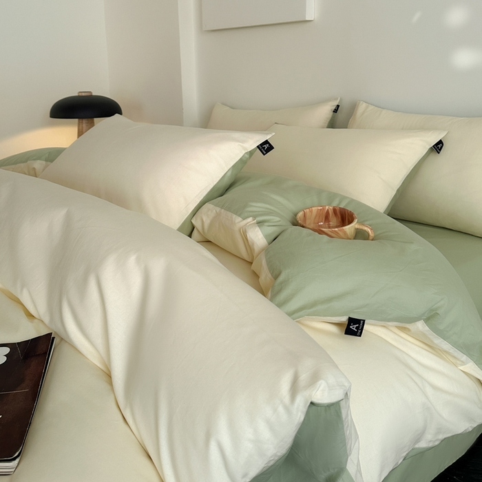 91家纺网 家纺一手货源 找家纺 涵宸家纺 2026新款全棉纯色四件套-米兰-场景二 米兰（奶白+月光绿）