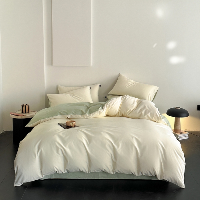 91家纺网 家纺一手货源 找家纺 涵宸家纺 2026新款全棉纯色四件套-米兰-场景二 米兰（奶白+月光绿）