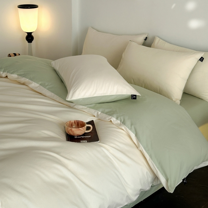 91家纺网 家纺一手货源 找家纺 涵宸家纺 2026新款全棉纯色四件套-米兰-场景二 米兰（奶白+月光绿）