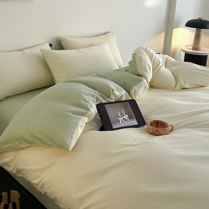 91家纺网 家纺一手货源 找家纺 涵宸家纺 2026新款全棉纯色四件套-米兰-场景二 米兰（奶白+月光绿）