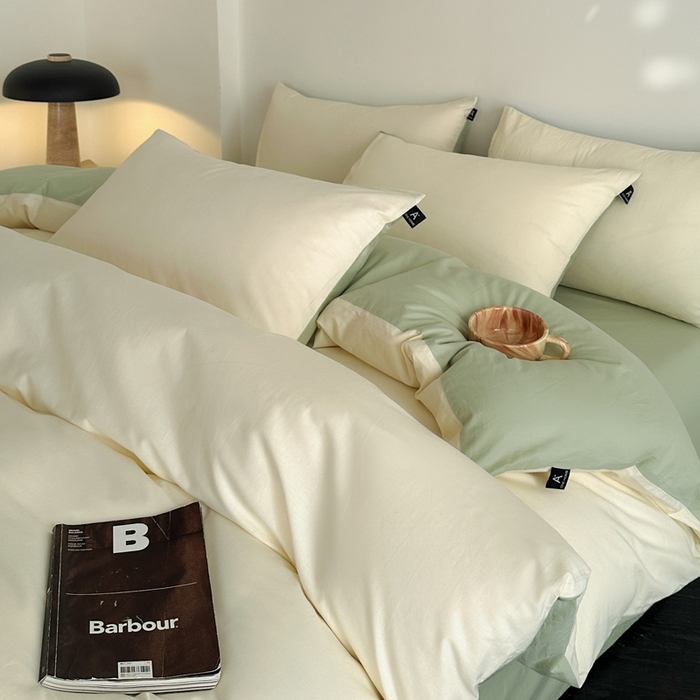 91家纺网 家纺一手货源 找家纺 涵宸家纺 2026新款全棉纯色四件套-米兰-场景二 米兰（奶白+月光绿）