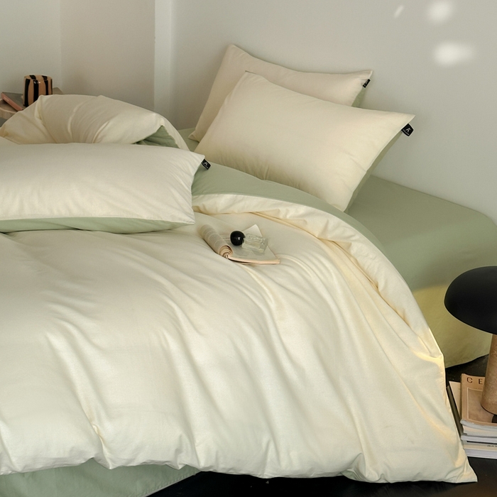 91家纺网 家纺一手货源 找家纺 涵宸家纺 2026新款全棉纯色四件套-米兰-场景二 米兰（奶白+月光绿）