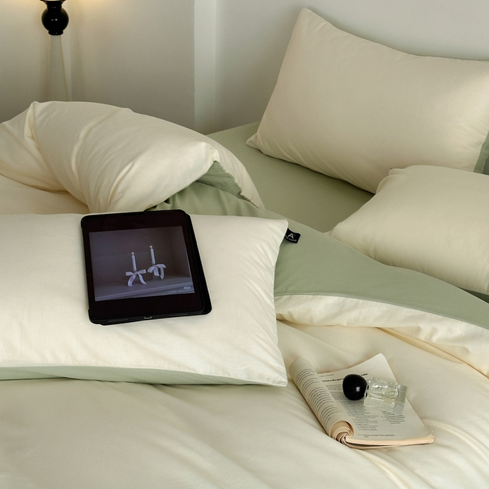 91家纺网 家纺一手货源 找家纺 涵宸家纺 2026新款全棉纯色四件套-米兰-场景二 米兰（奶白+月光绿）